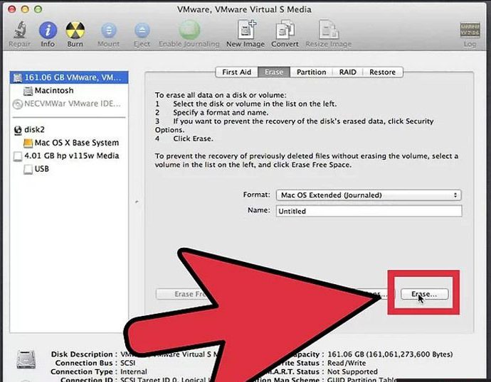 Để xóa MacBook OS Extended bạn nhấn Erase