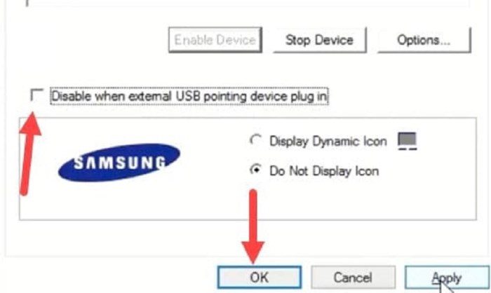 Thử tắt tính năng Disbale when External USB Pointing device plug in